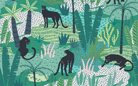 热带雨林黑豹插画无缝平铺纹理图片-背景图片2414